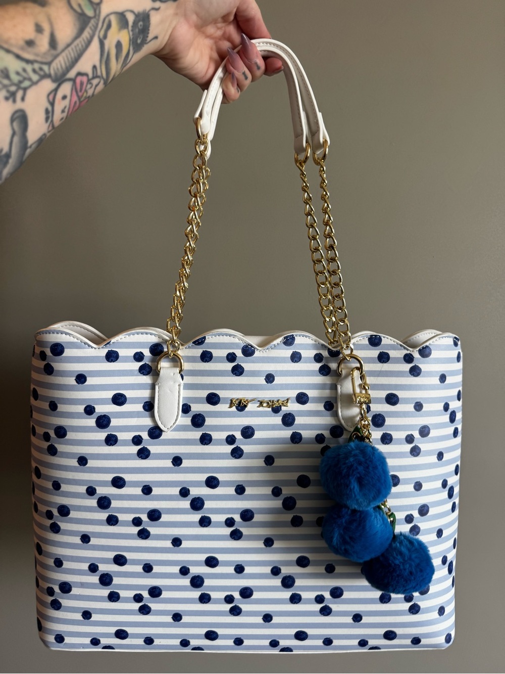 Betsey Johnson White and Navy Striped blueberry bag with Gold Chain Handles